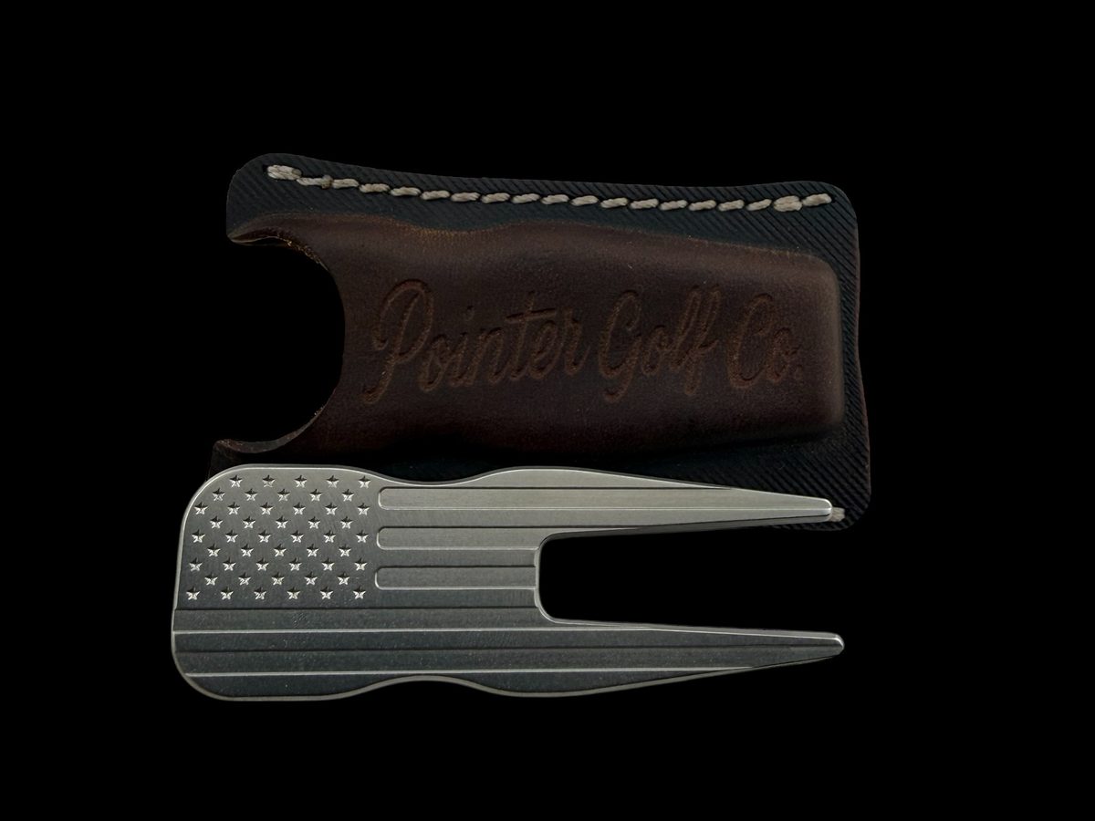 American flag engraved divot tool with sewn leather sheath